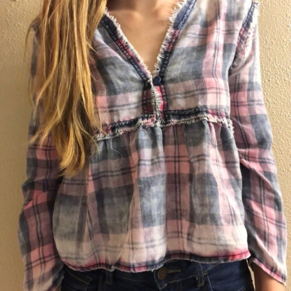 Love Fire Plaid Burnout V-neck Blouse Pink Size Lg - Picture 1 of 8